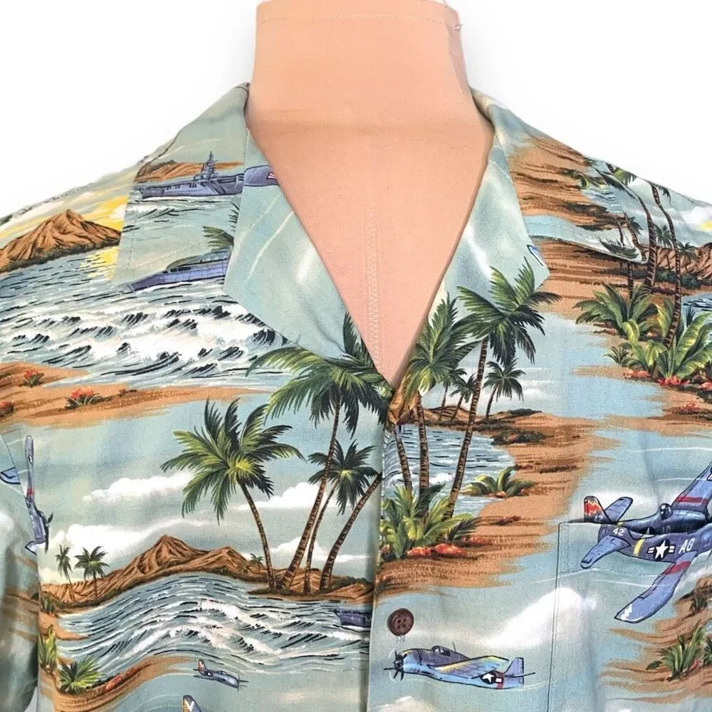 Vintage RJC Shirt Tropical Hawaiian Printed‎ Classic Airplane Green Boxy Camp XL